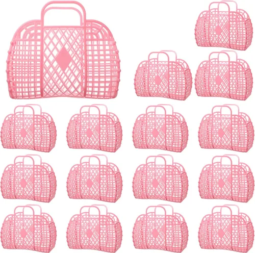 Vista 11 de Hsei 16 bolsas de gelatina para niñas, cesta de Pascua, reutilizable, bolsa de playa de plástico para playa, cesta de regalo para niños y niñas Beige