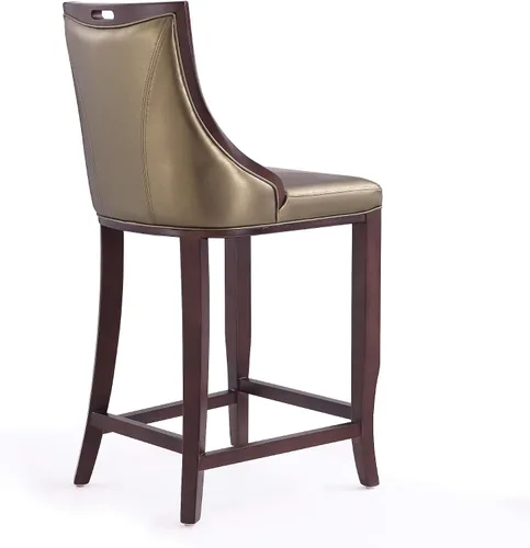 Vista 7 de Manhattan Comfort Emperor Taburetes de bar de cuero vegano con respaldo, acolchado de espuma y marco de madera de haya maciza, taburete de bar bronce