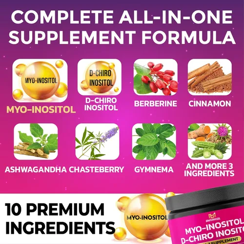 Vista 3 de BMVINVOL Suplemento de inositol - Myo-inositol y D-Chiro Inositol Ideal 40:1 Proporción - Más Berberina, Canela, Ashwagandha + 5 Más - 120 Cápsulas