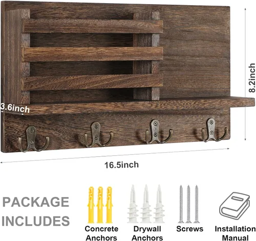 Vista 5 de Lwenki Soporte para llaves y correo para pared, madera rústica de Paulownia natural, 4 ganchos dobles, organizador montado en la pared