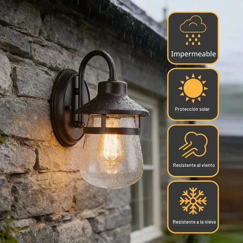 Vista 7 de Tarentlight Aplique de pared para exteriores con pantalla de vidrio transparente semillado, accesorio exterior impermeable en acabado de bronce