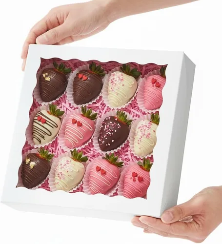 Vista 9 de RomanticBaking 14 cajas de panadería de 9 x 9 x 2.5 pulgadas con ventana para pastel, corazón quebradizo, fresas cubiertas de chocolate, galletas