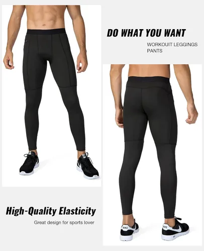 Vista 4 de Pantalones de compresión para hombre, mallas con bolsillos, para deportes de secado fresco, mallas atléticas para baloncesto y correr