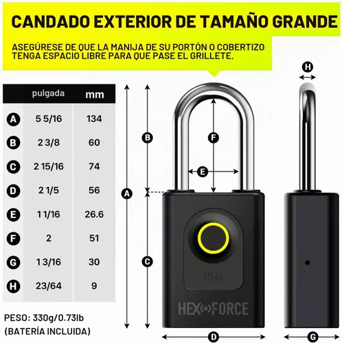 Vista 2 de G1 - Candado de huellas dactilares para exteriores de gran tamaño, bloqueo de doble bola resistente, IP67 resistente a la intemperie, biométrico sin