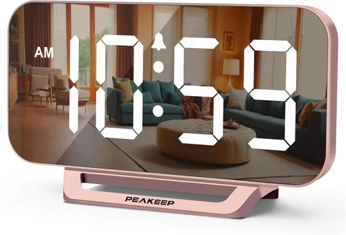 Vista 8 de Peakeep Small Digital Alarm Clock for Bedrooms, Loud for Heavy Sleepers Dimmable Plug in Electric Large Numbers Clock Battery Backup, Slim Clock
