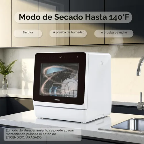 Vista 8 de Hermitlux Lavavajillas para encimera, 7 programas de lavado, mini lavavajillas portátil con tanque de agua integrado de 5 litros para apartamentos