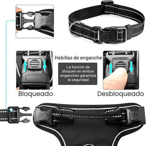 Vista 7 de WINSEE - Arnés para perro sin tirones, arneses para mascotas con collar, chaleco Oxford reflectante y ajustable, hebillas delanteras y traseras