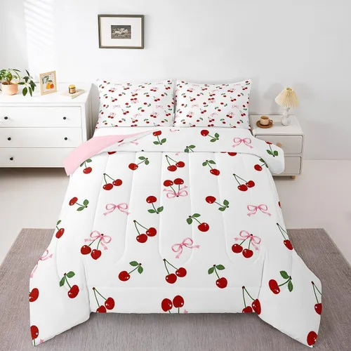 Vista 14 de Feelyou Juego de ropa de cama con lazos bonitos y cerezos, tamaño individual, para niños, juego de edredón con lazos de acuarela para niños, niñas