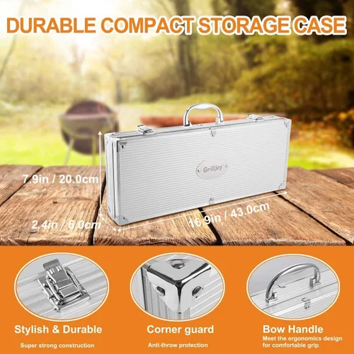 Vista 7 de Grilljoy Juego de 24 herramientas para parrilla de barbacoa con termómetro de carne e inyector, tenedor de acero inoxidable extragrueso, espátula