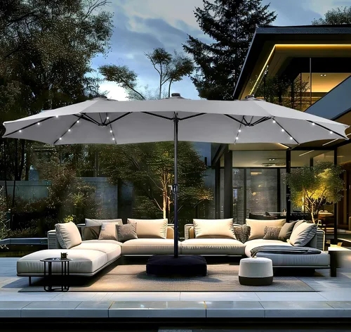 Vista 10 de PHI VILLA Sombrilla de patio grande de 15 pies con base y luces solares, paraguas rectangular de doble cara para exteriores con 36 luces LED, Beige