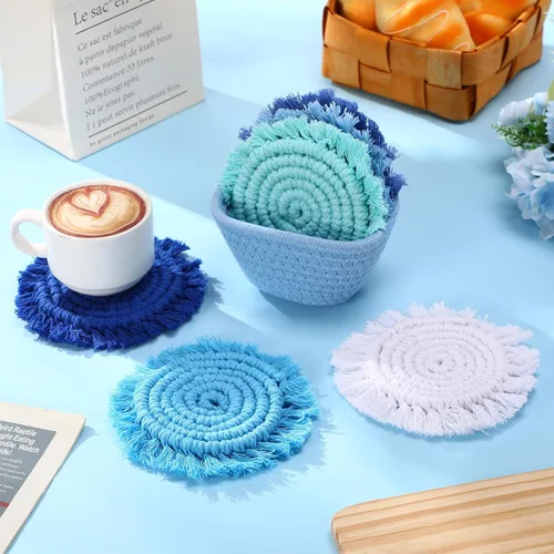 Vista 5 de Juego de 6 posavasos de algodón tejido bohemio absorbente con soporte para casa de campo, borla de macramé, regalo de inauguración de la casa