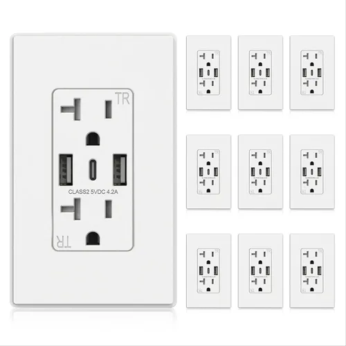 Vista 18 de ELEGRP Tomacorrientes de pared USB, Receptáculos de tomacorrientes de pared USB C de 3 puertos, tomacorrientes negro mate de 15 amperios con 3