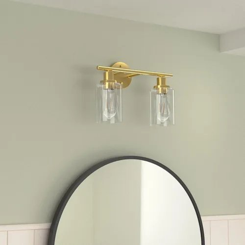 Vista 2 de Lámparas de baño, lámpara de tocador de latón cepillado de 2 luces, apliques de pared dorados, iluminación moderna de pared de baño montada en pared