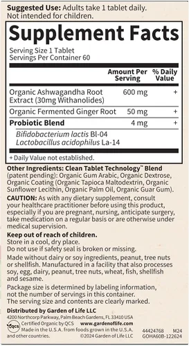 Vista 11 de Garden of Life Suplemento orgánico de Ashwagandha con probióticos y jengibre, apoyo para el estrés, el estado de ánimo y la energía, vegano, sin