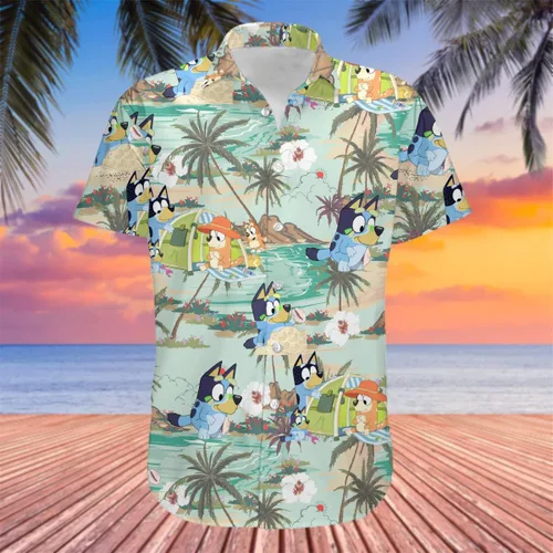 Vista 4 de Blueys - Camisa hawaiana para hombre, diseño de dibujos animados, color azul, para adultos, jóvenes, verano, vacaciones, regalo para él, papá, vida