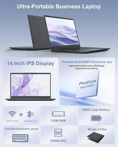 Vista 2 de Computadora portátil de 14 pulgadas, 12 GB de RAM y 256 GB SSD, procesador Pentium Gold 6500Y (hasta 3.4 GHz), pantalla IPS FHD, batería de 38 Wh