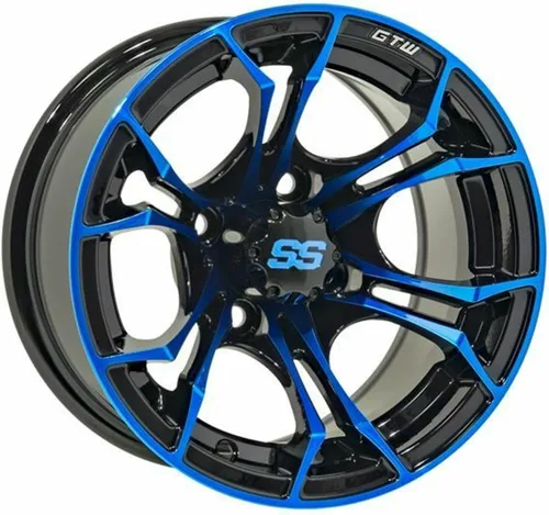 Vista 5 de GTW Spyder - Rueda de aluminio para carrito de golf de 12 pulgadas 12x7 4-4 pernos desplazamiento de 3:4 (azul/negro)