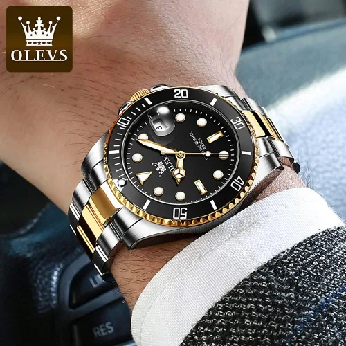 Vista 6 de OLEVS Relojes para hombre con fecha, de lujo, de cara grande, impermeable, reloj analógico, de acero inoxidable, dos tonos, reloj luminoso