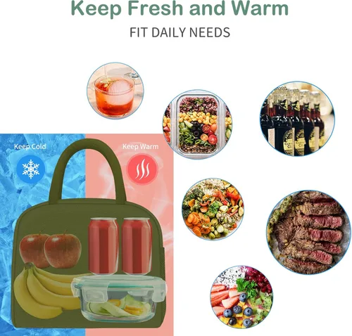 Vista 6 de DALINDA, lonchera con aislamiento reutilizable para mujeres y hombres, bolsa de almuerzo de alta capacidad para viajes, trabajo, picnic, verde