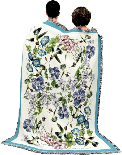 Vista 3 de Pure Country Weavers Manta de colibríes por Elena Vladykina – Tapiz de regalo floral de jardín de pájaros, manta tejida de algodón, fabricada