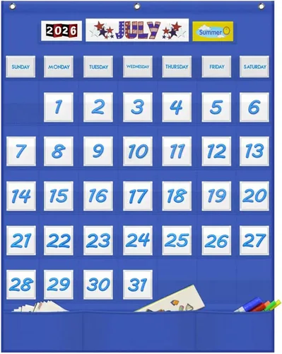 Vista 8 de Calendario mensual para aula con 45 bolsillos, 3 bolsillos de almacenamiento para fácil pared o soporte (negro)