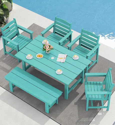 Vista 44 de SERWALL Juego de mesa de comedor de 7 piezas, muebles de comedor de polietileno de alta densidad para exteriores con agujero para paraguas y 6 Negro