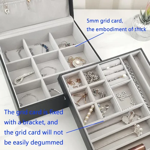 Vista 5 de BOOVO Joyero de piel sintética con cerradura organizador de joyas multifuncional para mujer adecuado para almacenamiento collares anillos pulseras