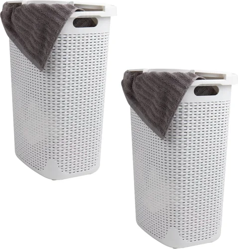 Vista 19 de Mind Reader Cesta de lavandería delgada con tapa, cesta de ropa de 60 L, diseño de mimbre premium, plástico, azul bebé