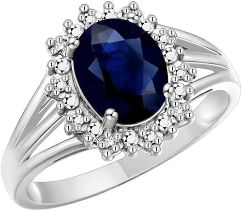 Vista 3 de Rylos Anillos para mujer, anillo de plata de ley, inspirado en la princesa Diana, 0.354 x 0.276 in, piedras preciosas y halo de diamantes genuinos
