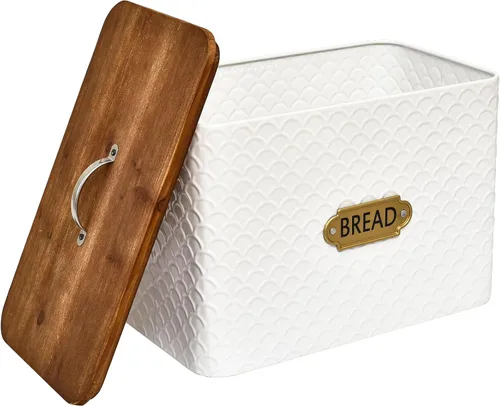 Vista 7 de EMAX HOME Caja de pan extra grande con ahorro de espacio estilo granja con tapa de madera - Capacidad para 2 panes - Porta pan vertical