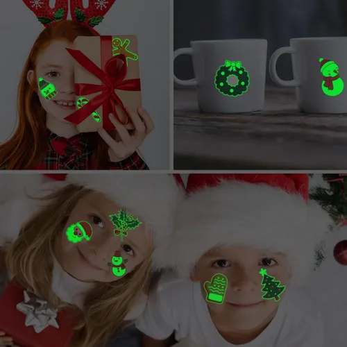 Vista 5 de CHARLENT Tatuajes temporales de Navidad que brillan en la oscuridad para suministros de fiesta de niños, 74 hojas individuales, tatuajes luminosos