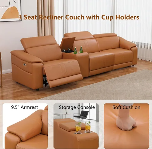 Vista 4 de Sofá reclinable eléctrico de cuero transpirable, sofá reclinable de 3 asientos para sala de estar, sofá modular de estilo moderno con reclinables