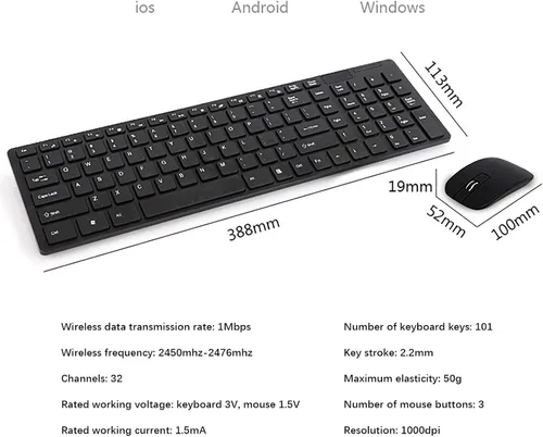 Vista 2 de Combo de teclado y mouse sin cables, teclado silencioso y silencioso, portátil, máquina de escribir, teclados sin cables, mouse, combo de accesorios