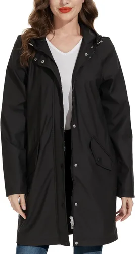 Vista 3 de Fahsyee Chubasquero para mujer, chaqueta impermeable con capucha, rompevientos para exteriores, larga actividad