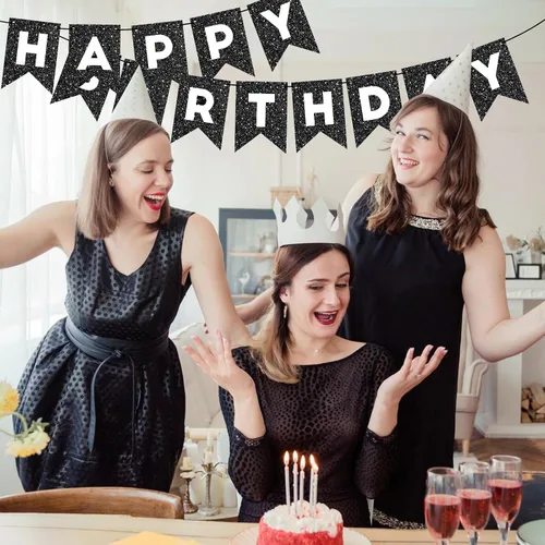 Vista 5 de Cartel de feliz cumpleaños con purpurina negra para hombres, mujeres y niños, guirnalda de feliz cumpleaños negra, suministros de fiesta, decoración