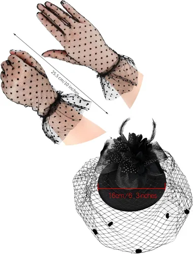 Vista 3 de SATINIOR Sombrero de tocado para mujer, sombrero de pastillero, velo negro, sombrero funerario, sombrero de fiesta de té y guantes de encaje