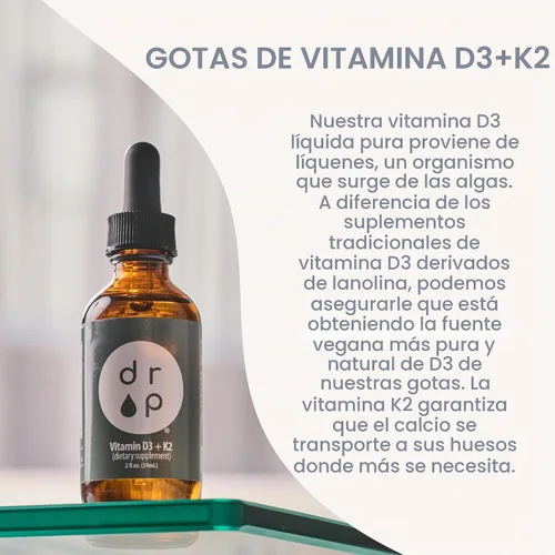 Vista 4 de Drop Vitamina D3 + K2 gotas líquidas, 1000 UI Vegan D3 de liquen, 45 mcg K2 (MK-4 y MK-7), con aceite de coco MCT orgánico, apoyo óseo e