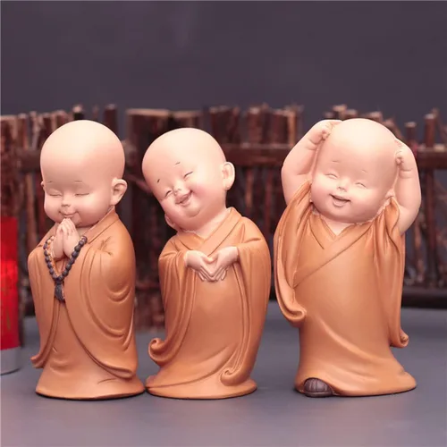 Vista 6 de Estatua de Buda pequeña de 3 piezas para decoración del hogar, accesorios de coche, estatua de Buda para bebé, estatua de monjes, B