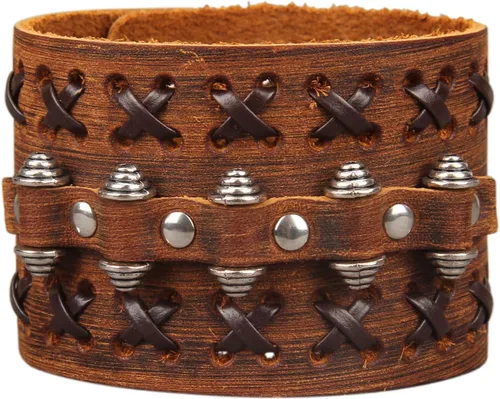 Vista 41 de Jeilwiy Pulseras de cuero punk para hombres, pulseras hechas a mano, brazalete ancho, joyería trenzada, color negro y marrón, ajustable, regalos