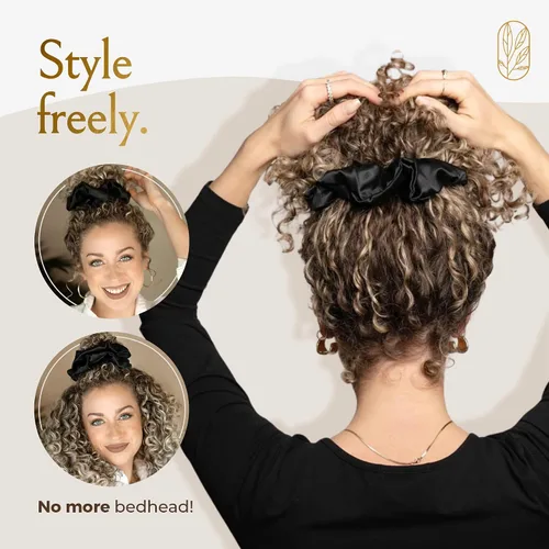 Vista 5 de Coleteros de seda para mujeres con moño – Coleteros de seda de morera extragrandes – Coleteros sin daños extra grandes para cabello rizado, grueso