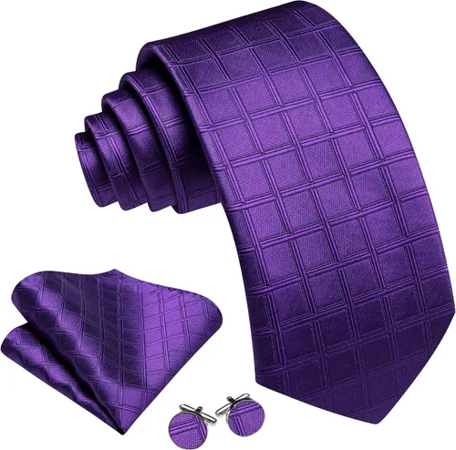 Vista 140 de Barry.Wang Juego de corbatas a cuadros para hombre con pañuelo gemelos de rayas clásicas