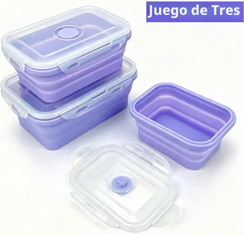Vista 3 de Contenedores plegables morados para preparación de comidas, cuencos de campamento, caja Bento de silicona con tapa de plástico hermética, apto