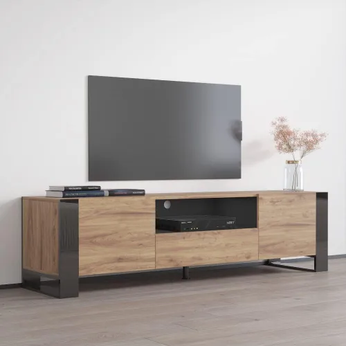 Vista 3 de Woody - Soporte de TV moderno de alto brillo de 71 pulgadas (roble/gris)
