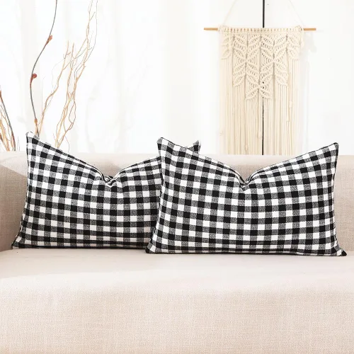 Vista 23 de CARRIE HOME - Juego de 2 fundas de almohada de exterior a cuadros de búfalo blanco y negro de 16 x 16, almohadas de sofá de decoración de granja