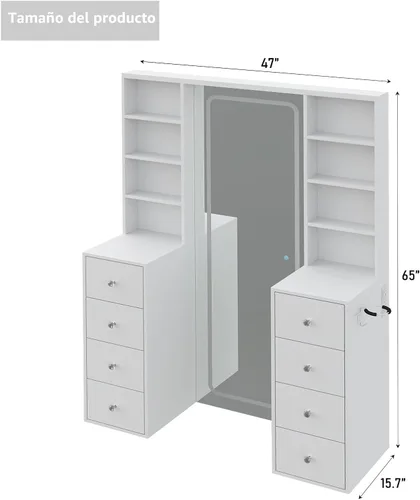 Vista 8 de Yanosaku Espejo LED de longitud completa de 47 x 65 pulgadas con toma de corriente, 8 cajones y 8 estantes para dormitorio/guardarropa, regulable e