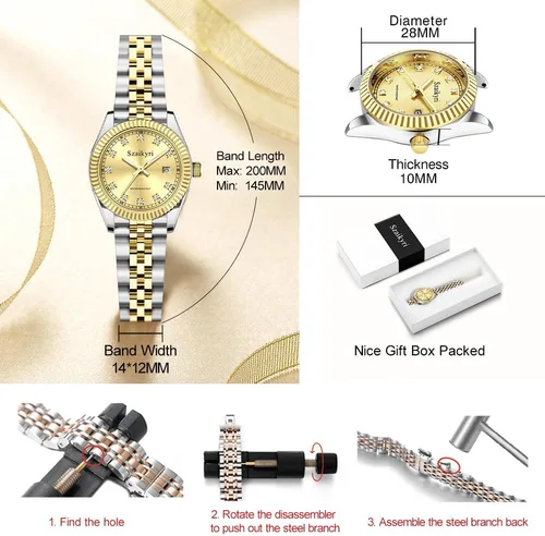 Vista 6 de Reloj clásico para mujer con banda de acero inoxidable sólido, reloj de vestir para mujer, reloj con calendario
