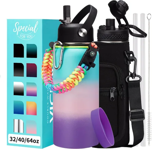 Vista 42 de Botellas de agua de 32 onzas aisladas con pajita y tapa para beber de un sorbo, asa de paracord, bolsa de transporte con correa, termo de triple