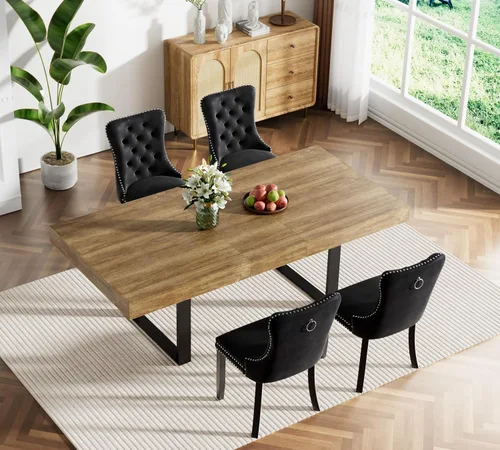Vista 24 de Juego de mesa de comedor extensible marrón de 63 a 78.74 pulgadas para 4, juego de mesa de comedor de 5 piezas con 4 sillas tapizadas, mesa