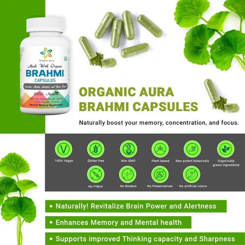 Vista 9 de Organic Aura Cápsulas Brahmi -120 unidades. Fortalece y aumenta naturalmente la inmunidad y la memoria. Superalimento verde entero. Sin OMG, sin
