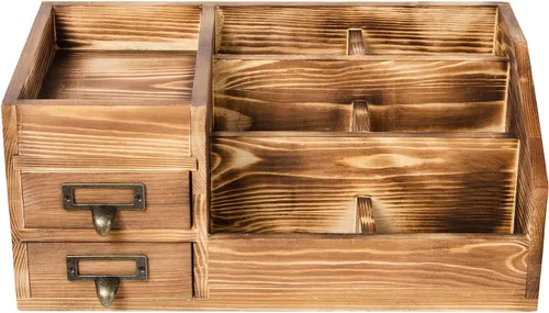 Vista 7 de Liry Products Organizador de escritorio de madera rústica, suministros de oficina, gabinete de almacenamiento de mesa marrón, estante escalonado